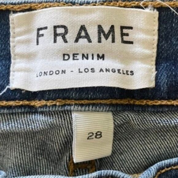 Frame Le Skinny de Jeanne Triangle Hem Jeans Blue Medium Wash Distressed Denim 2 - Picture 6 of 9